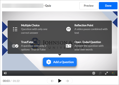 Question types menu: multiple choice, true/false, reflection point, and open-ended question.