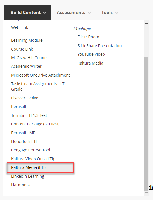 The Kaltura Media (LTI) option is located in the Build Content menu.