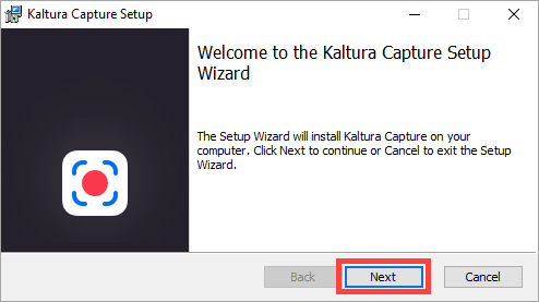Kaltura Capture Setup wizard with the Next button selected.