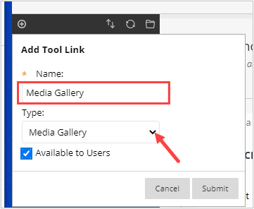 Selecting Media Gallery in the Type menu.