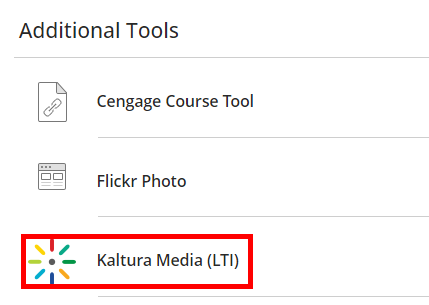Kaltura Media LTI tool selection