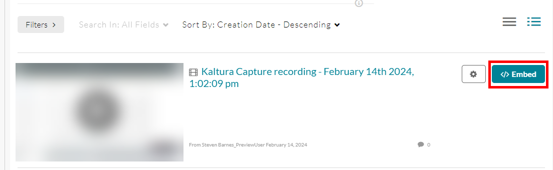 Kaltura my media entry with “Embed” button selected.