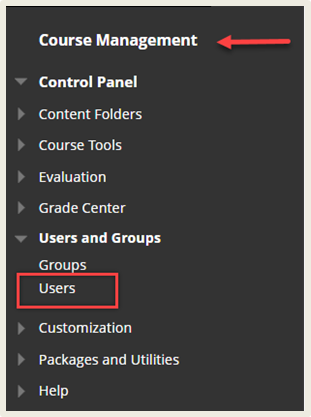 The Course Management section of the ulearn course navigation menu with the "Users" option highlighted.