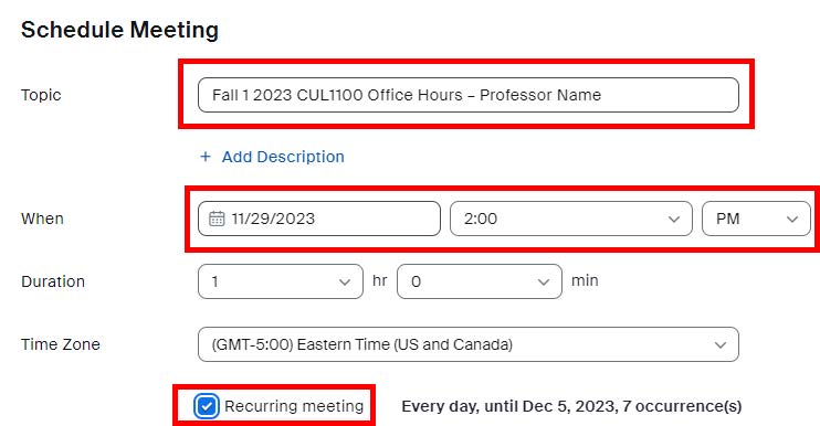 Zoom meeting scheduling options screen.