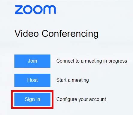 Screenshot of Zoom login screen identifying sign in button.